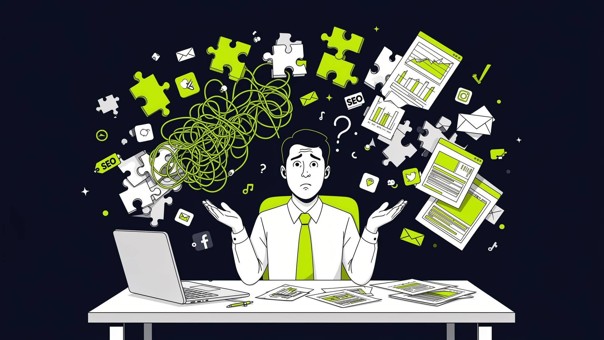 Entrepreneur overwhelmed by disconnected digital marketing tools